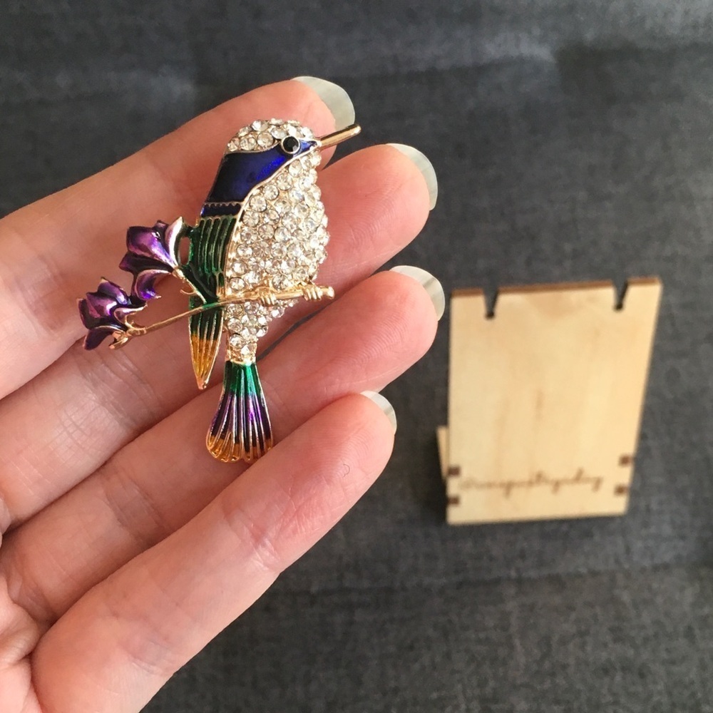 Fashion Rhinestone Hummingbird Brooch, Sparkly, Bling, Gold, Blue